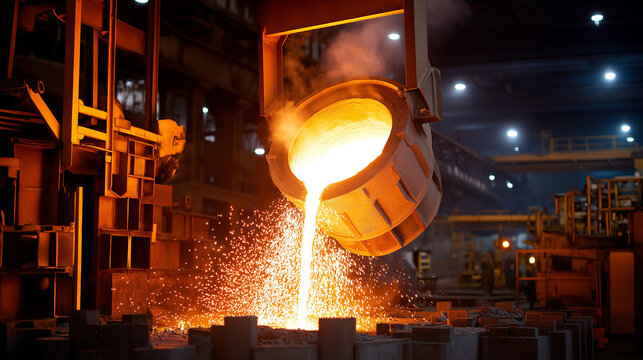 Molten metal pouring from furnace in industrial steel foundry with sparks flying.  
