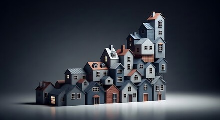 A rising staircase constructed from miniature houses symbolizes growth, real estate market trends, and economic development with a subtle hint of housing affordability concerns