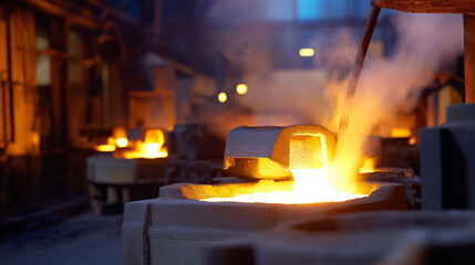 Molten metal pouring from furnace in industrial steel foundry with sparks flying.