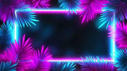 Neon glowing frame surrounded by tropical palm leaves in pink and blue colors.  
