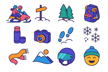 Winter Adventure Icons. Recreational Snow Ride modern flat icon set: couple on snowmobile, trail sign, pine woods, backpack, thermos, camera, footprints, snowflakes, scarf flutter,