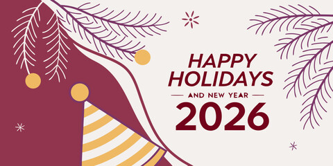 Christmas greetings card with Christmas tree , balloon's  Festive Happy Holidays and New Year 2026 Celebration Vector –.Modern Seasonal Greeting Design in purple background