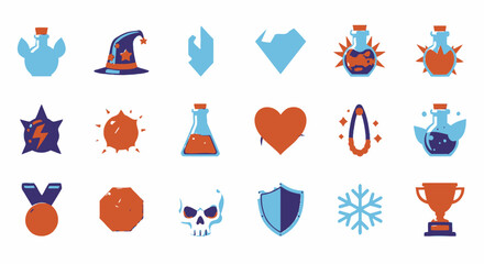 Collection of Pixel Style Fantasy Game Icons Featuring Diverse Elements