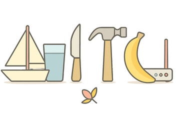 Set of flat icons arranged to form letters S I T C B R with small botanical element