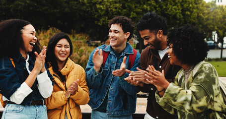 College, students or friends with applause on campus for congratulations, scholarship goal or success. Achievement, support or group of people with outdoor clap for celebration, good news or excited