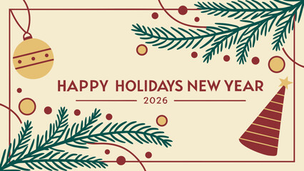 Christmas greetings card with Christmas tree , balloon's  Festive Happy Holidays and New Year 2026 Celebration Vector –.Modern Seasonal Greeting Design in red green background