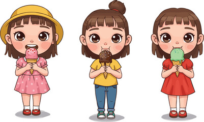 Cartoon girls eating ice cream, summer treat, dessert fun, colorful outfits, sweet snack, character design, playful pose, stock image, youth