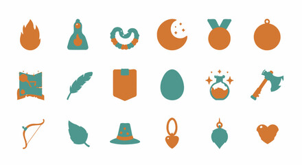 Collection of 20 game design icons including fire, flask, crescent moon, feather, egg, axe, leaf