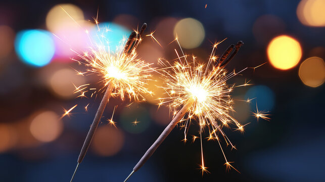Two bright sparklers burning with glowing sparks against colorful bokeh background.  
