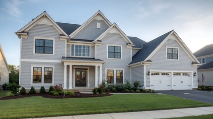 Beautifully crafted modern gray shingle siding luxury suburban home with a well maintained lawn and a welcoming entrance on a clear day