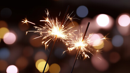 Two bright sparklers burning with glowing sparks against colorful bokeh background.