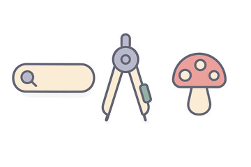 Simple icons set: search bar, drawing compass, and toadstool mushroom