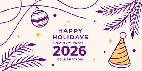 Christmas greetings card with Christmas tree , balloon's  Festive Happy Holidays and New Year 2026 Celebration Vector –.Modern Seasonal Greeting Design in purple white background