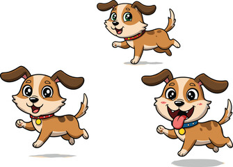 Cartoon puppies running, playful dogs, joyful expression, pet character, animal fun, cute pose, collar detail, stock image, dog illustration