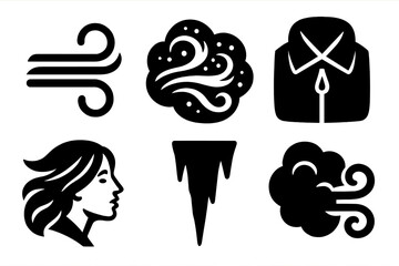 Cold Whispers Icons. Cold Whispers bold vector icon set: curved wind, snow dust, jacket collar, blowing hair, icicle, cloud puff.