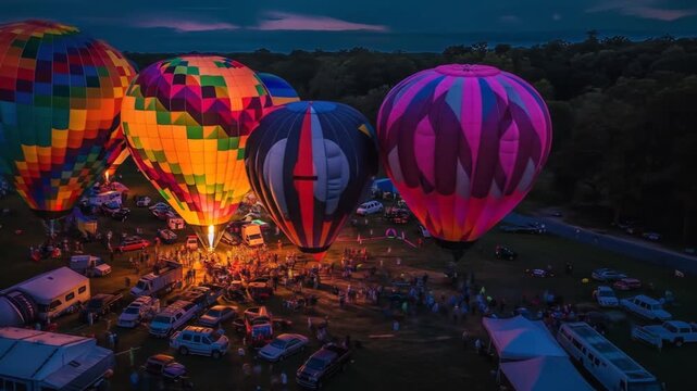 Vibrant hot air balloons glowing brightly at a lively evening festival. Colorful aerial giants illuminating crowds and RVs at dusk.