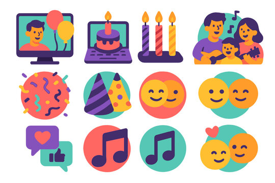 Virtual Birthday Cheer. Birthday Celebration modern flat icon set: video call with balloons, virtual cake, digital candles, family singing, confetti animation, party hats, colorful
