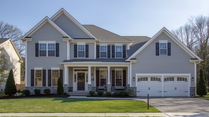 Beautiful suburban two story gray house with white trim and dark shutters on a sunny day with green lawn and trees