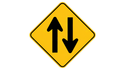 Clear warning sign with two opposing arrows indicating two way traffic ahead, essential for road safety and navigation isolated on white or transparent png.