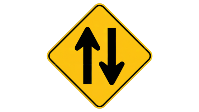 Clear warning sign with two opposing arrows indicating two way traffic ahead, essential for road safety and navigation isolated on white or transparent png. - Powered by Adobe