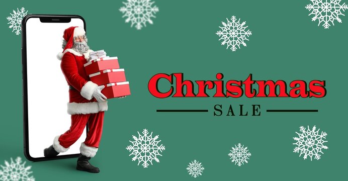 Big mobile phone and Santa Claus with letters and Christmas gifts on green background. Christmas sale