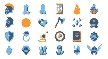 Collection of Fantasy Game Icons and Symbols Shields, Weapons, Gems, and More