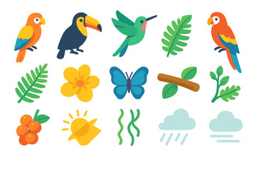 Obraz premium Rainforest Icon Set. Rainforest Aviary modern flat icon set: parrot, toucan, hummingbird, macaw, fern leaf, tropical flower, butterfly, canopy branch, fruit cluster, sunbeam, vines