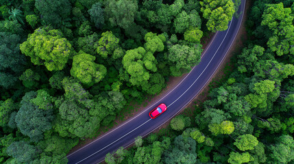 Red car driving on winding forest road surrounded by lush green trees, aerial view.  
