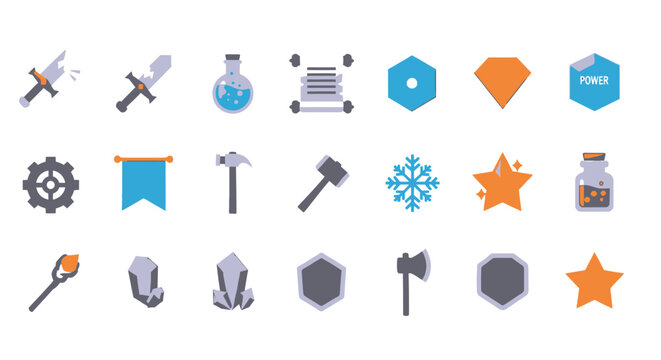 Collection of Fantasy RPG Game Icons Swords, Potions, Scrolls, and More for Game Design