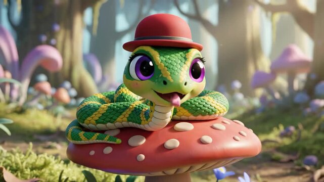 Animated cartoon snake with big eyes resting on a mushroom