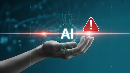 Hand holding AI symbol with warning alert signifies potential risks and ethical concerns in artificial intelligence development and implementation