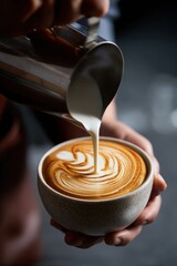 Barista carefully pouring steamed milk to create latte art in a cup of coffee