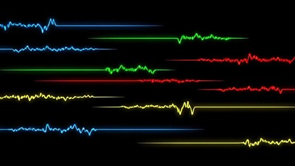Dynamic audio spectrum analyzer background with vibrant neon light trails moving rhythmically for music or tech visuals and modern presentations - Powered by Adobe