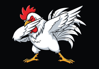 Funny cartoon white rooster doing dab dance pose, meme-inspired farm animal illustration on black background for trendy vector design