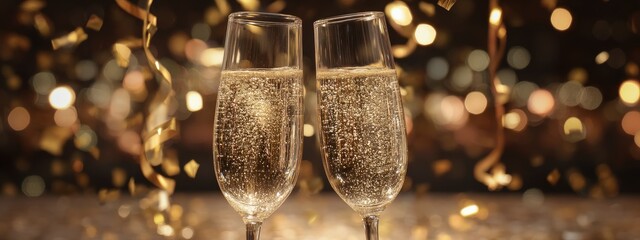 Close-up of two champagne flutes filled with bubbly wine against a festive golden background