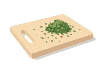 Finely chopped green herbs and small red spice on wooden surface