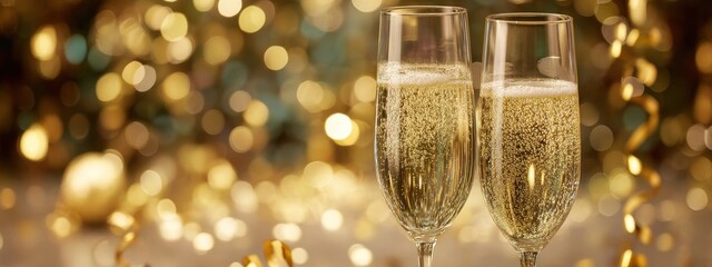 Close-up of two champagne flutes filled with bubbly wine against a festive golden background