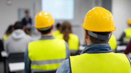 Workers in safety vests attending training session in classroom with instructor.
