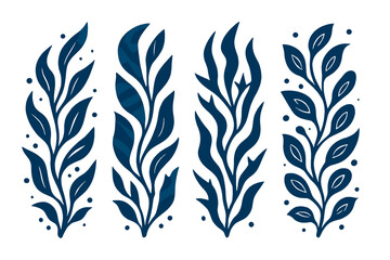 Four stylized dark blue botanical plant elements for decoration