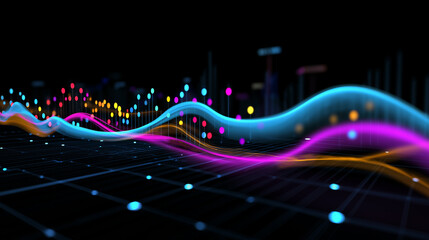 Colorful financial graph with neon lines on dark background representing data analysis.
