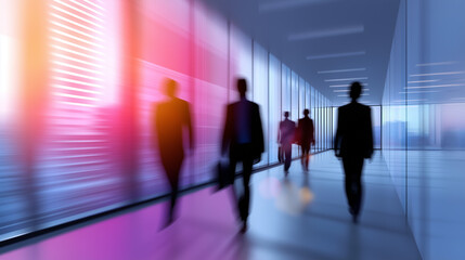 Business people walking through modern glass office hallway with meeting in background.
