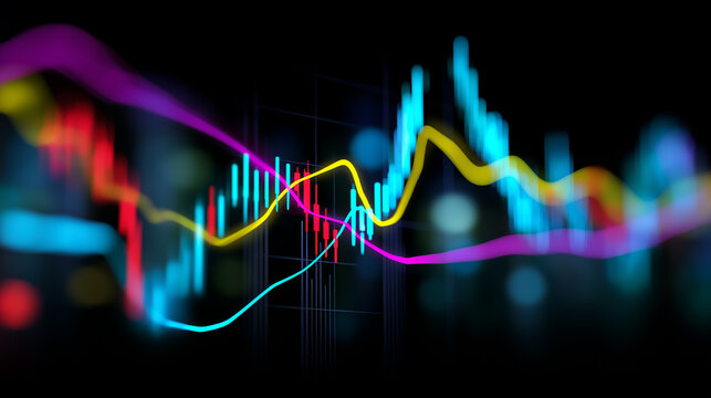 Colorful financial graph with neon lines on dark background representing data analysis.

