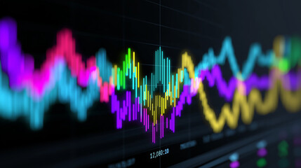 Colorful financial graph with neon lines on dark background representing data analysis.
