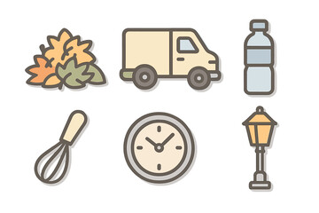 Six assorted flat design icons for delivery and daily objects