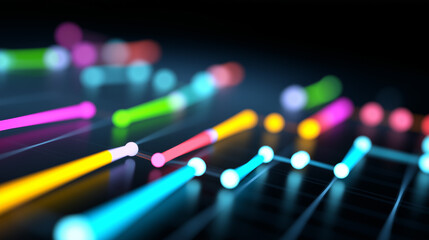Colorful glowing digital lines and graphs representing data analysis and technology.
