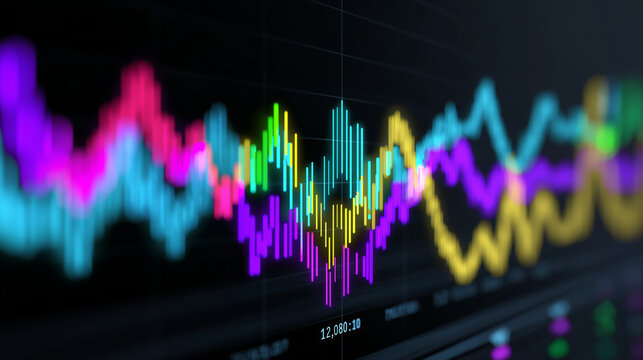 Colorful financial graph with neon lines on dark background representing data analysis.
