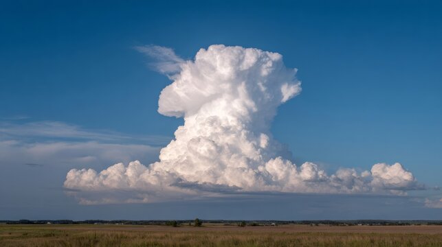 Huge cumulonimbus cloud forming a thunderhead over a vast landscape with a dry field and distant horizon