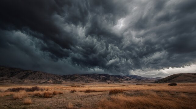 Storm clouds creating a dramatic, dark sky above a dry grassland and rolling hills under developing ominous weather