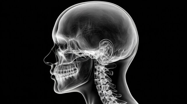 X-ray view of a human skull in profile against a black background.