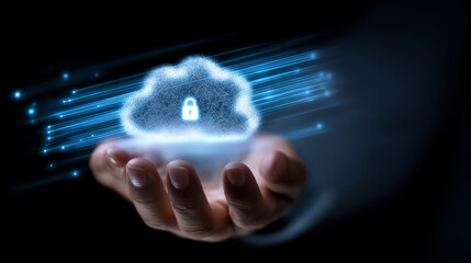 Person holding glowing digital cloud with lock icon symbolizing cybersecurity.
